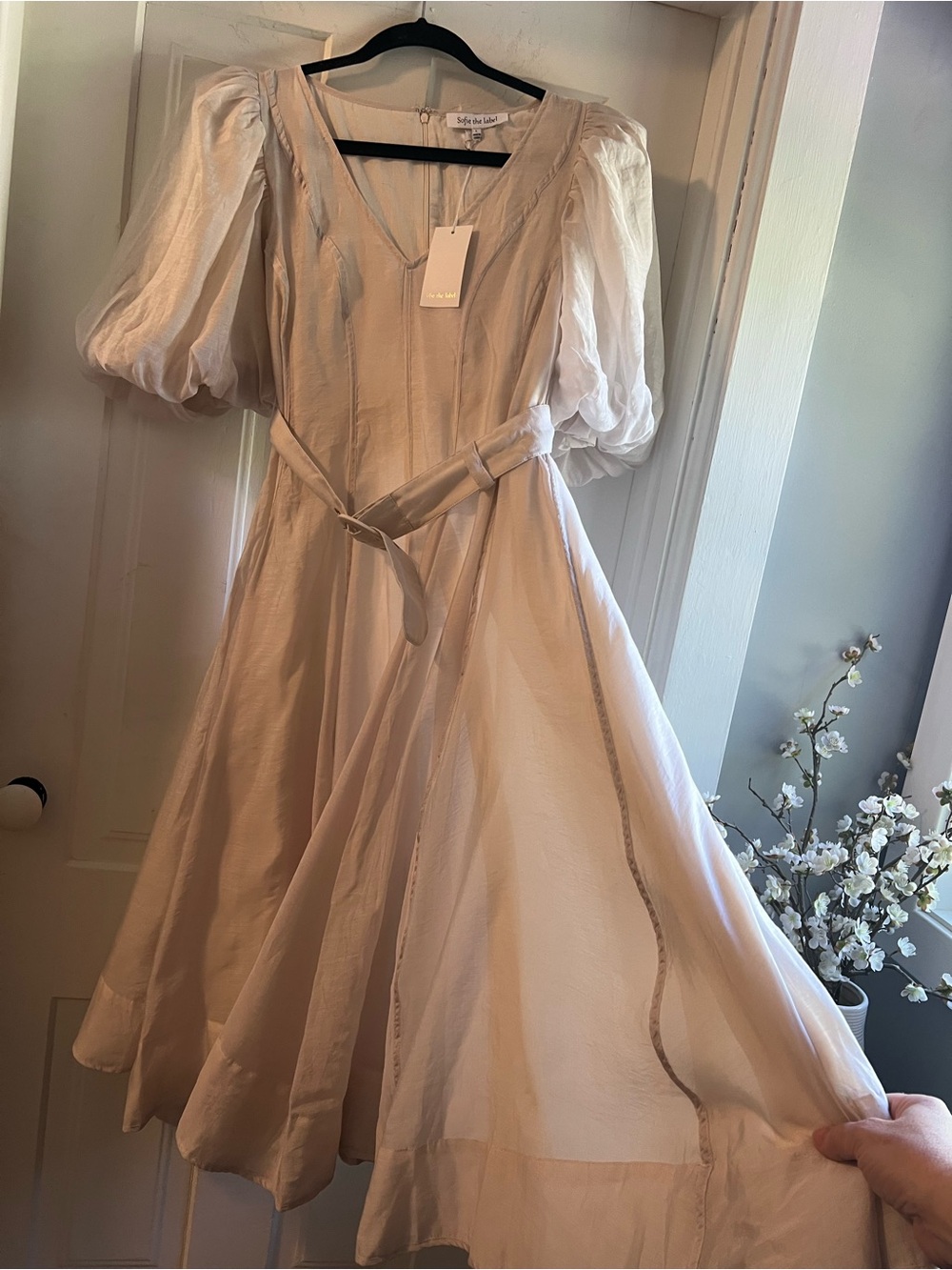 Sofie the Label light pink/Cream Puff-Sleeve Midi Dress with Waist Belt - Picture 4 of 5